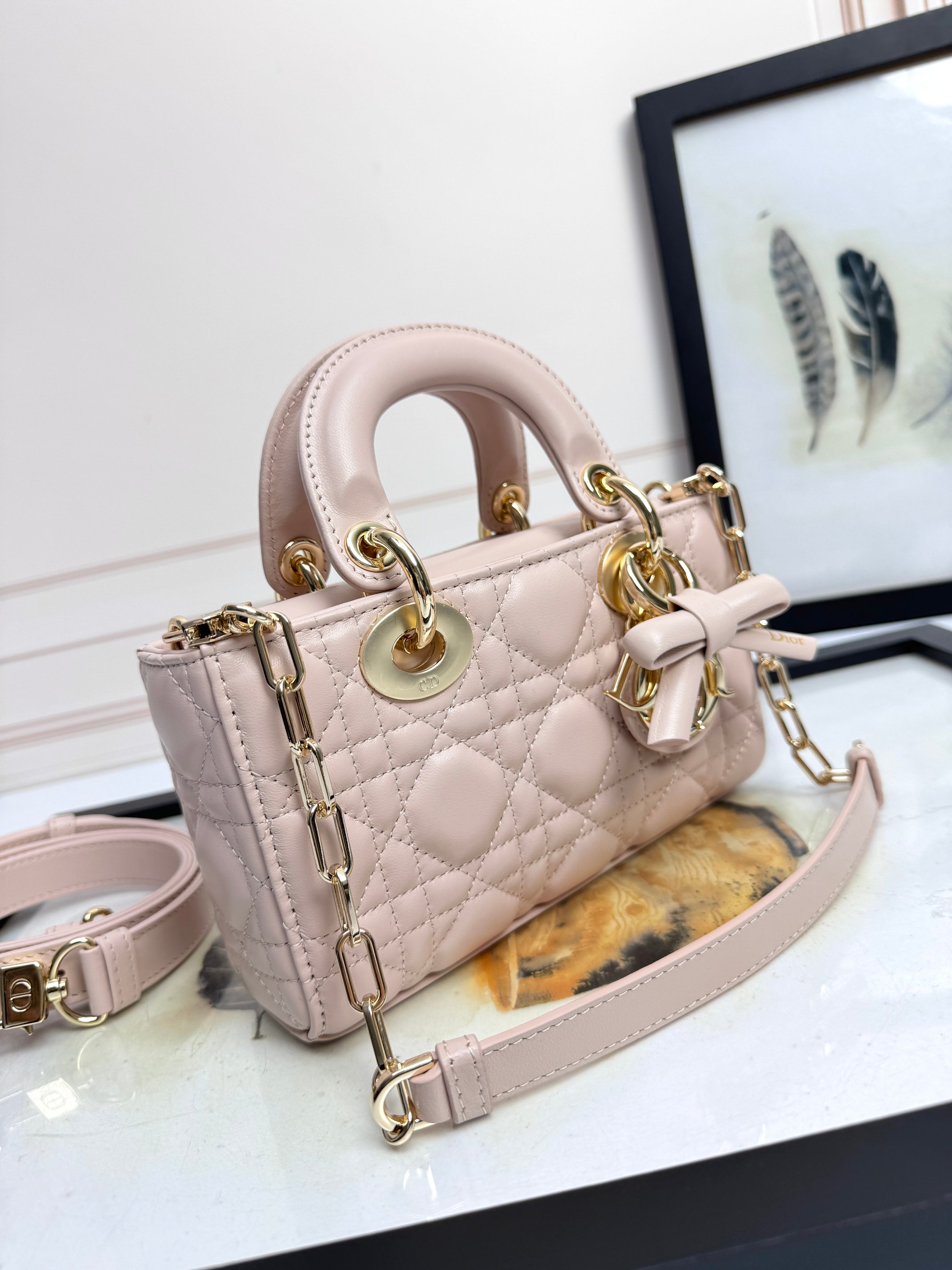 [TOP] Christian Dior Lady D-Joy Bag with Bow lambskin 19cm/22cm - Pink