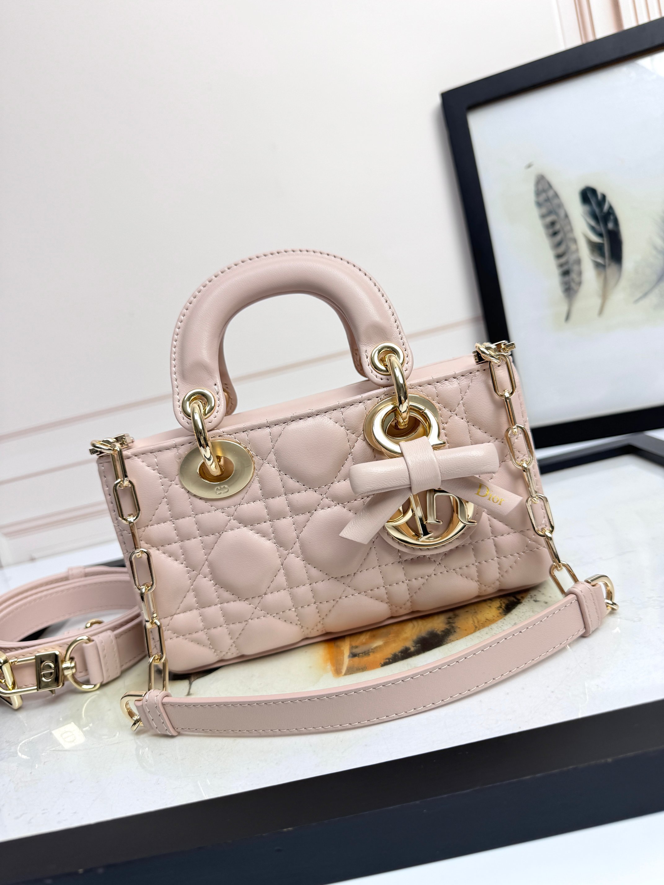 [TOP] Christian Dior Lady D-Joy Bag with Bow lambskin 19cm/22cm - Pink
