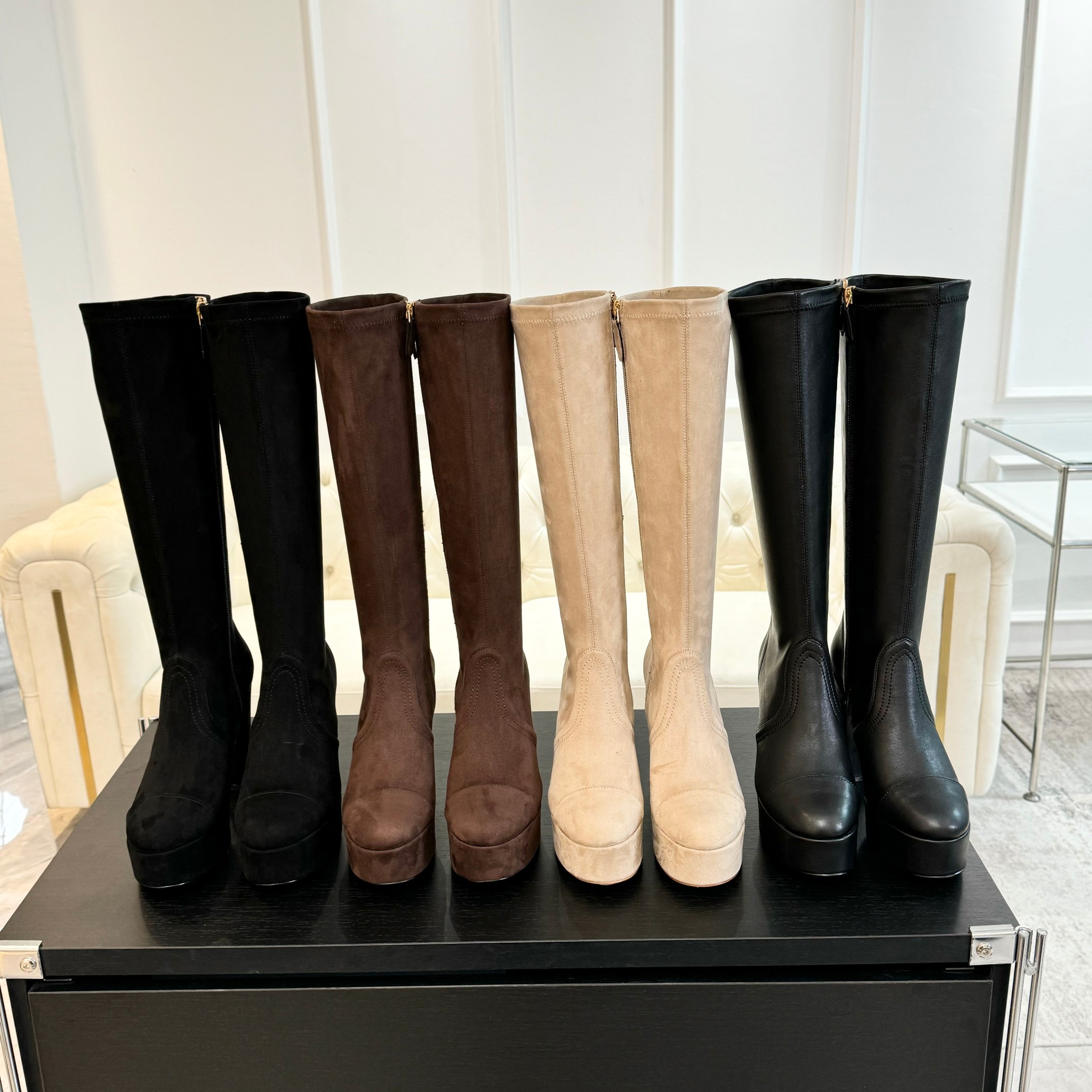 [TOP] CHANEL 11.5cm High Heel Leather Stretch Boots - 4 Color