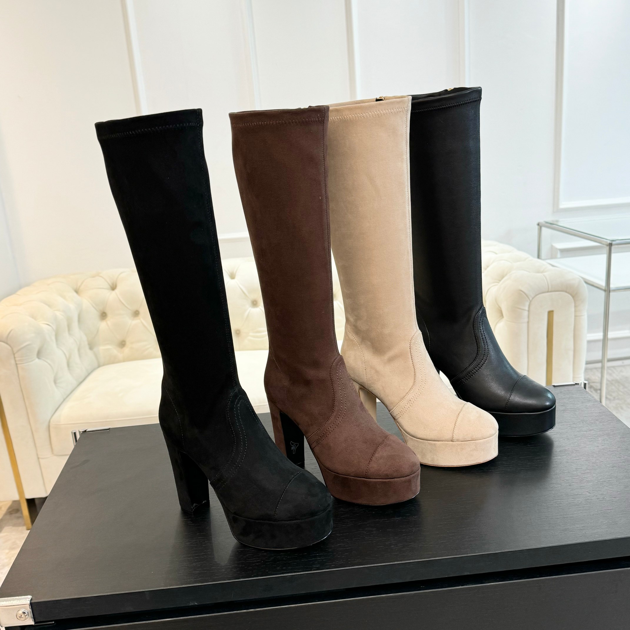 [TOP] CHANEL 11.5cm High Heel Leather Stretch Boots - 4 Color