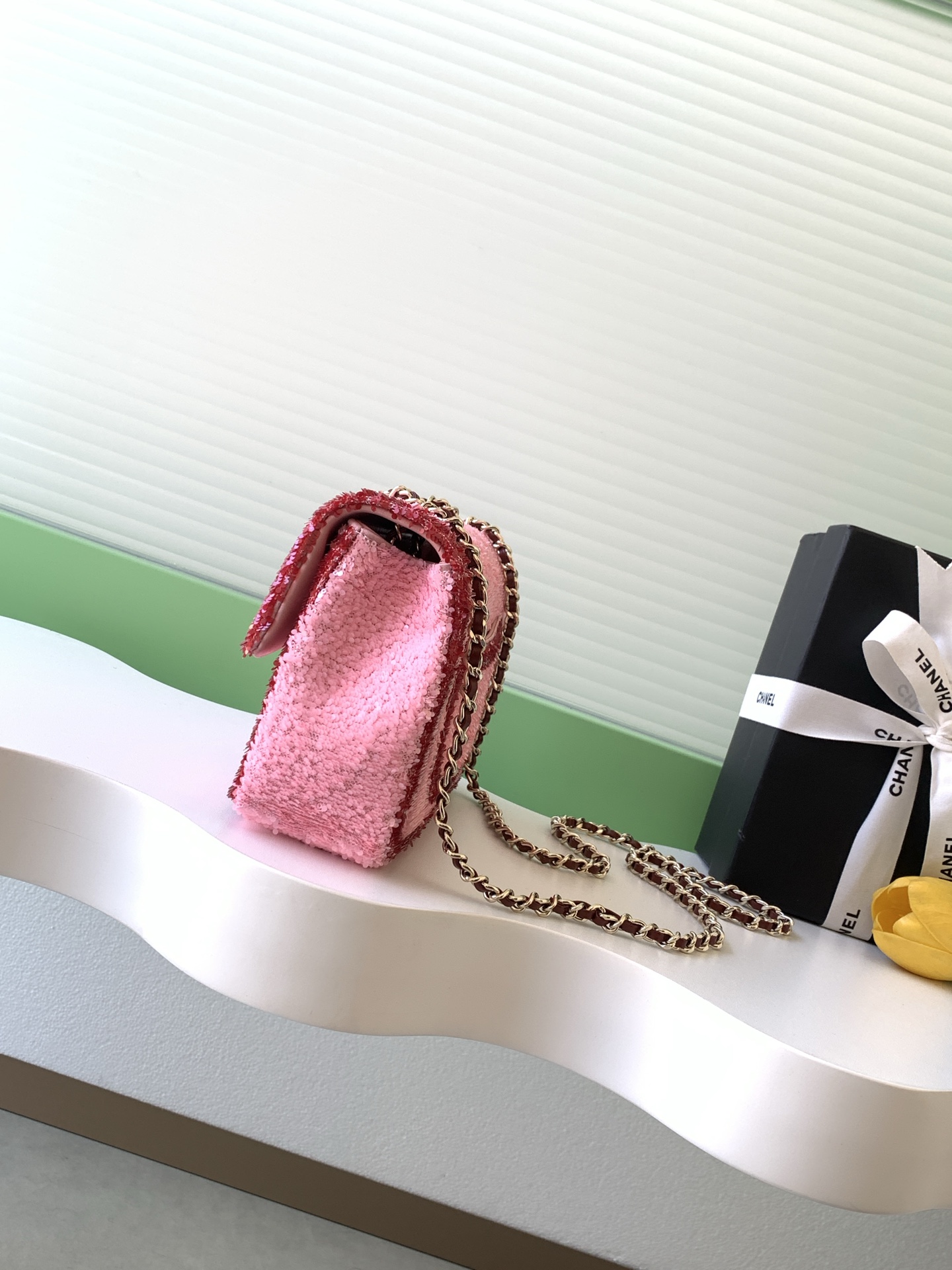 [TOP] CHANEL Classic Flap Bag CF Sequins 21*14*8cm - Pink