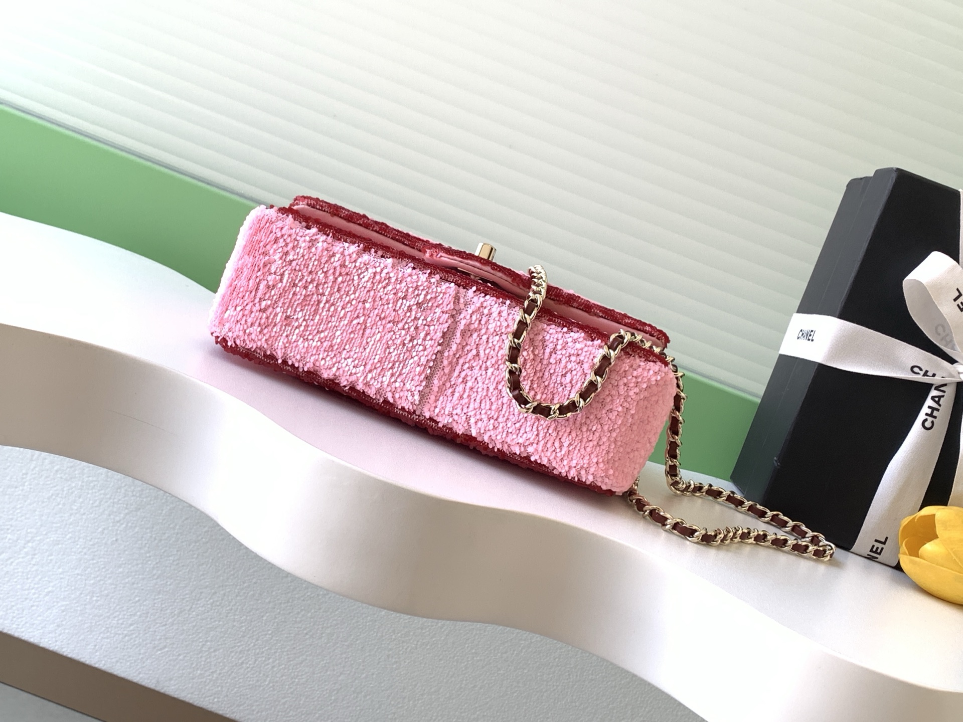 [TOP] CHANEL Classic Flap Bag CF Sequins 21*14*8cm - Pink
