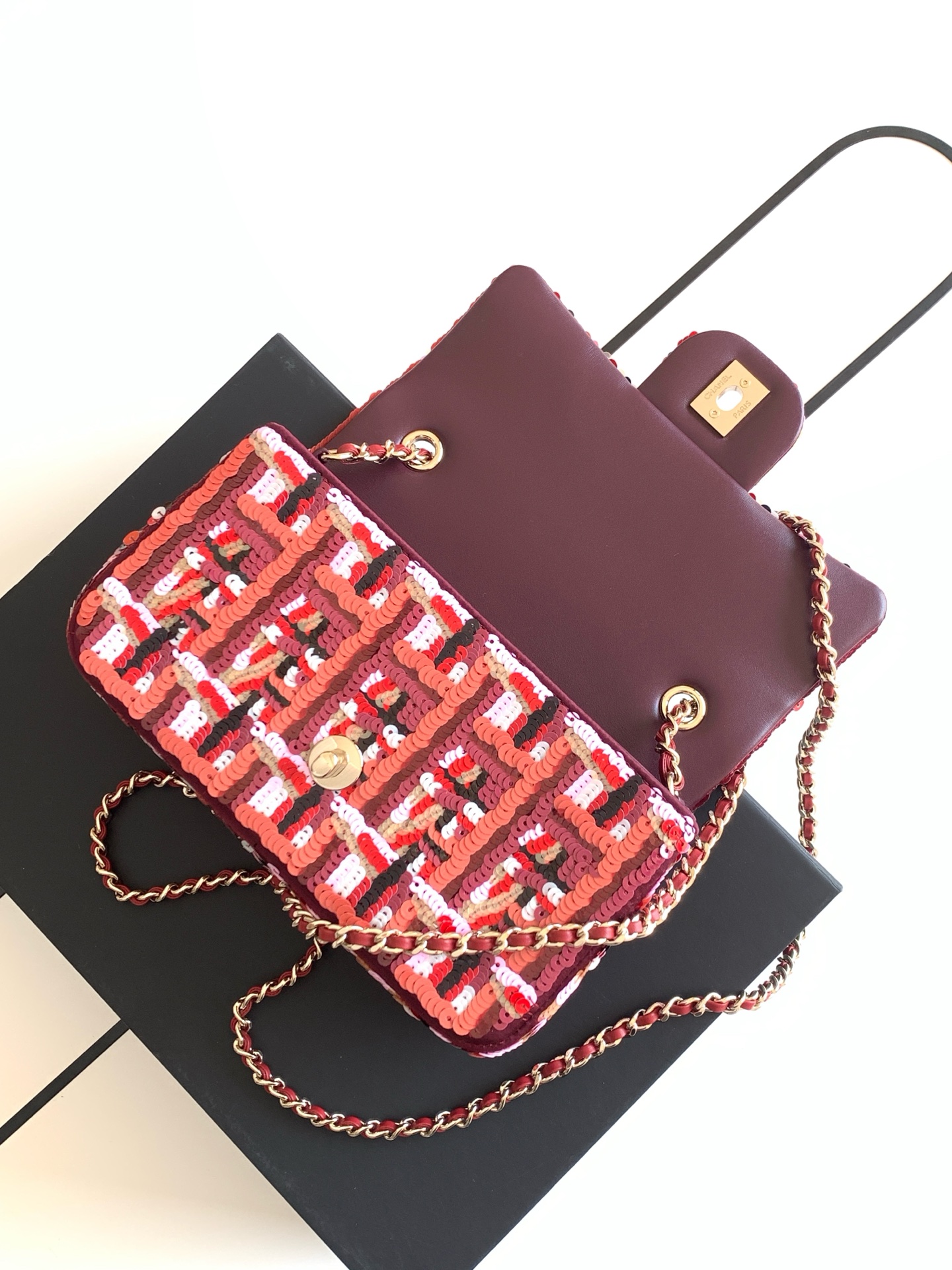 [TOP] CHANEL Classic Flap Bag CF Sequins 21*14*8cm - Red