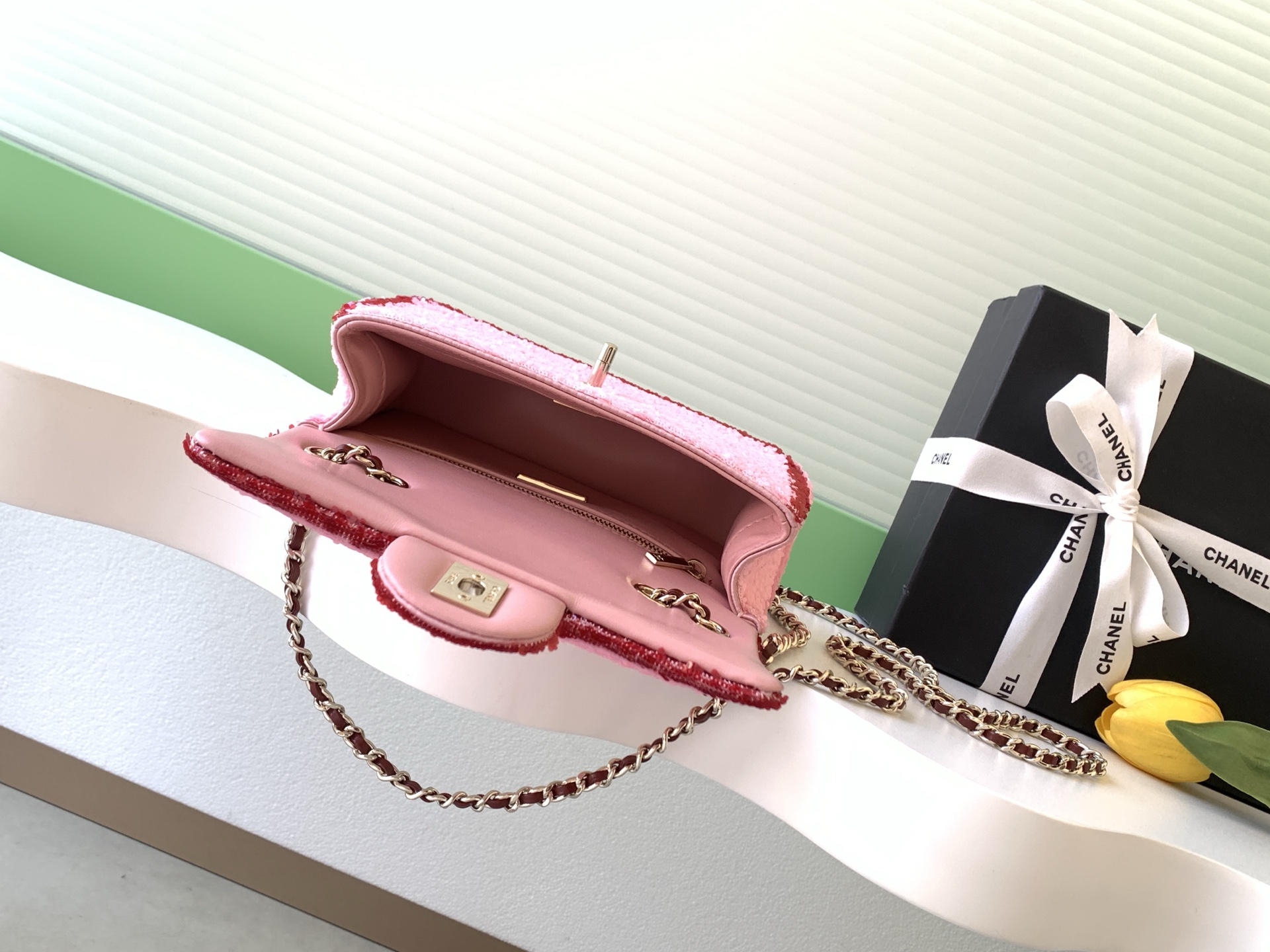 [TOP] CHANEL Classic Flap Bag CF Sequins 21*14*8cm - Pink