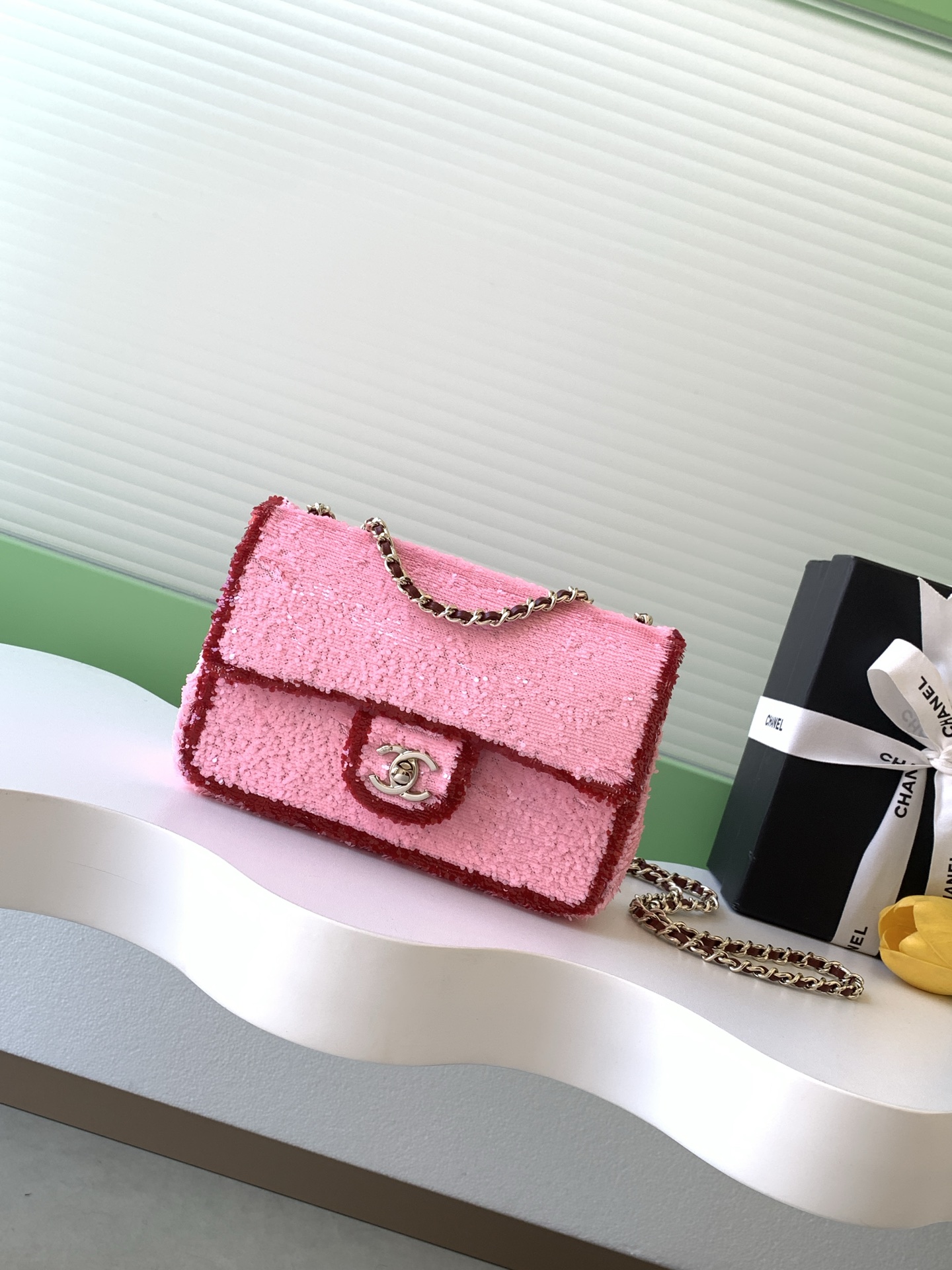 [TOP] CHANEL Classic Flap Bag CF Sequins 21*14*8cm - Pink
