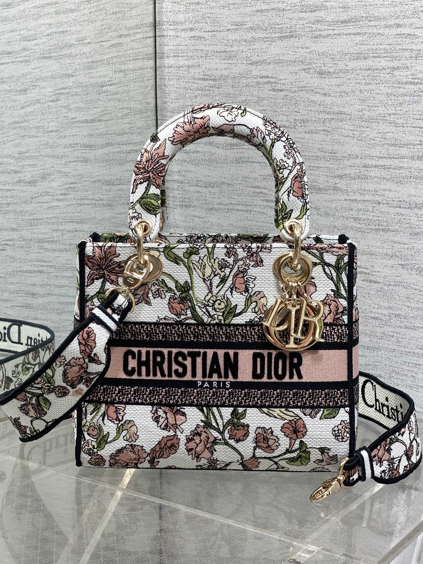 [TOP] Christian Dior Pink Flowers Embroidered Lady D-Lite Bag 24x11x20cm - White