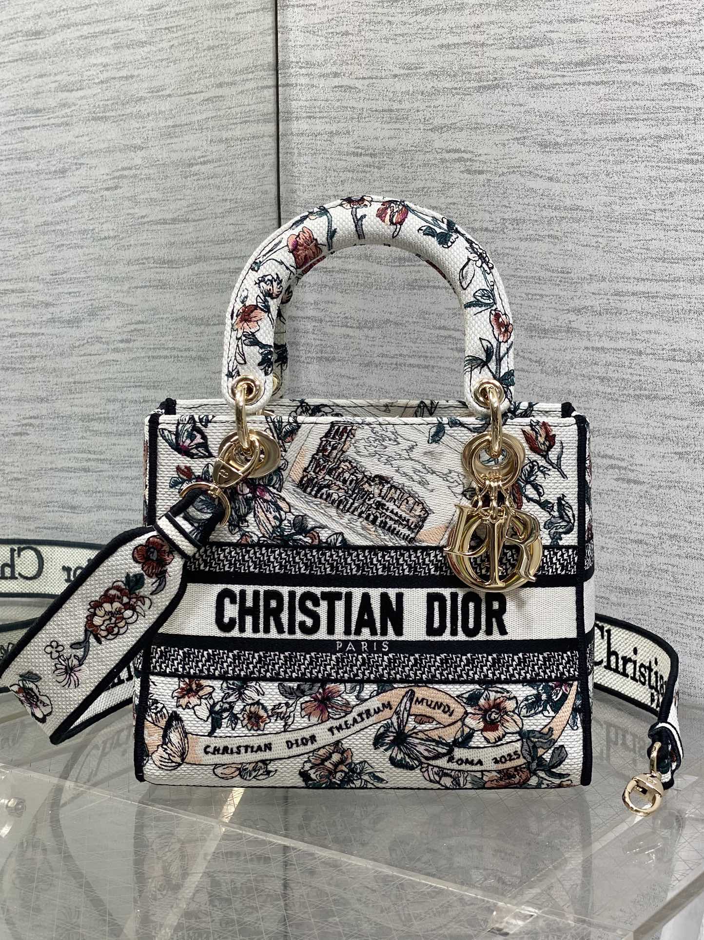 [TOP] Christian Dior Souvenirde Rome Embroidered Lady D-Lite Bag 24x11x20cm - White