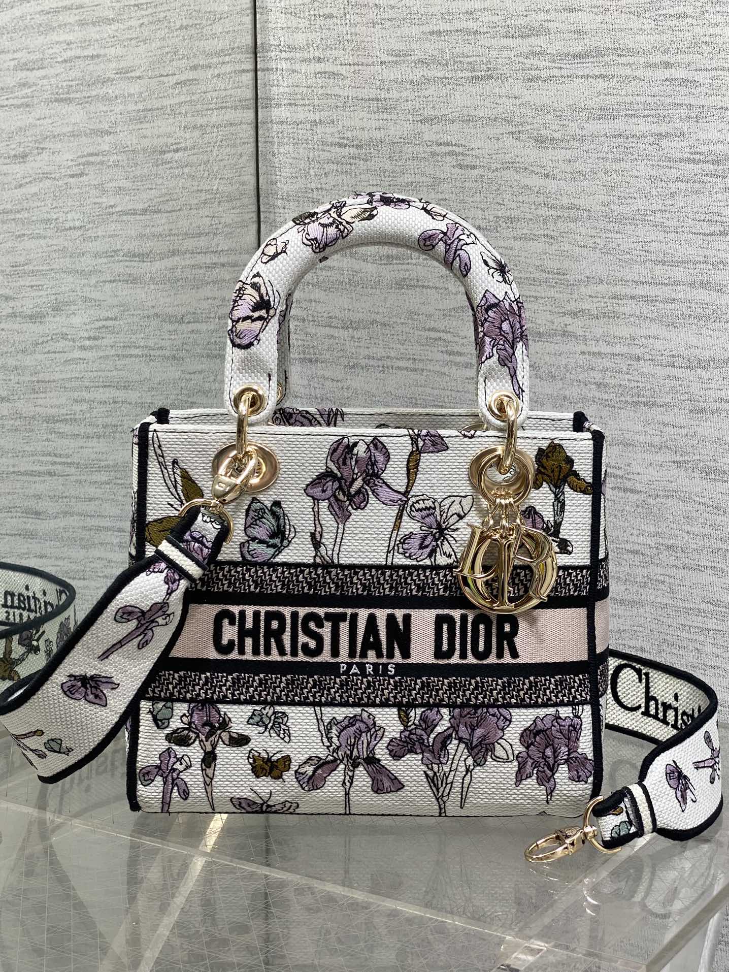 [TOP] Christian Dior Butterfly and Flowers Embroidered Lady D-Lite Bag 24x11x20cm - White