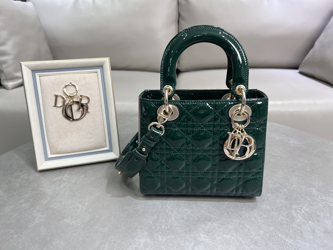 [TOP] Christian Dior Lady Patent Leather Bag 17*7*15cm - Dark Green&GHW