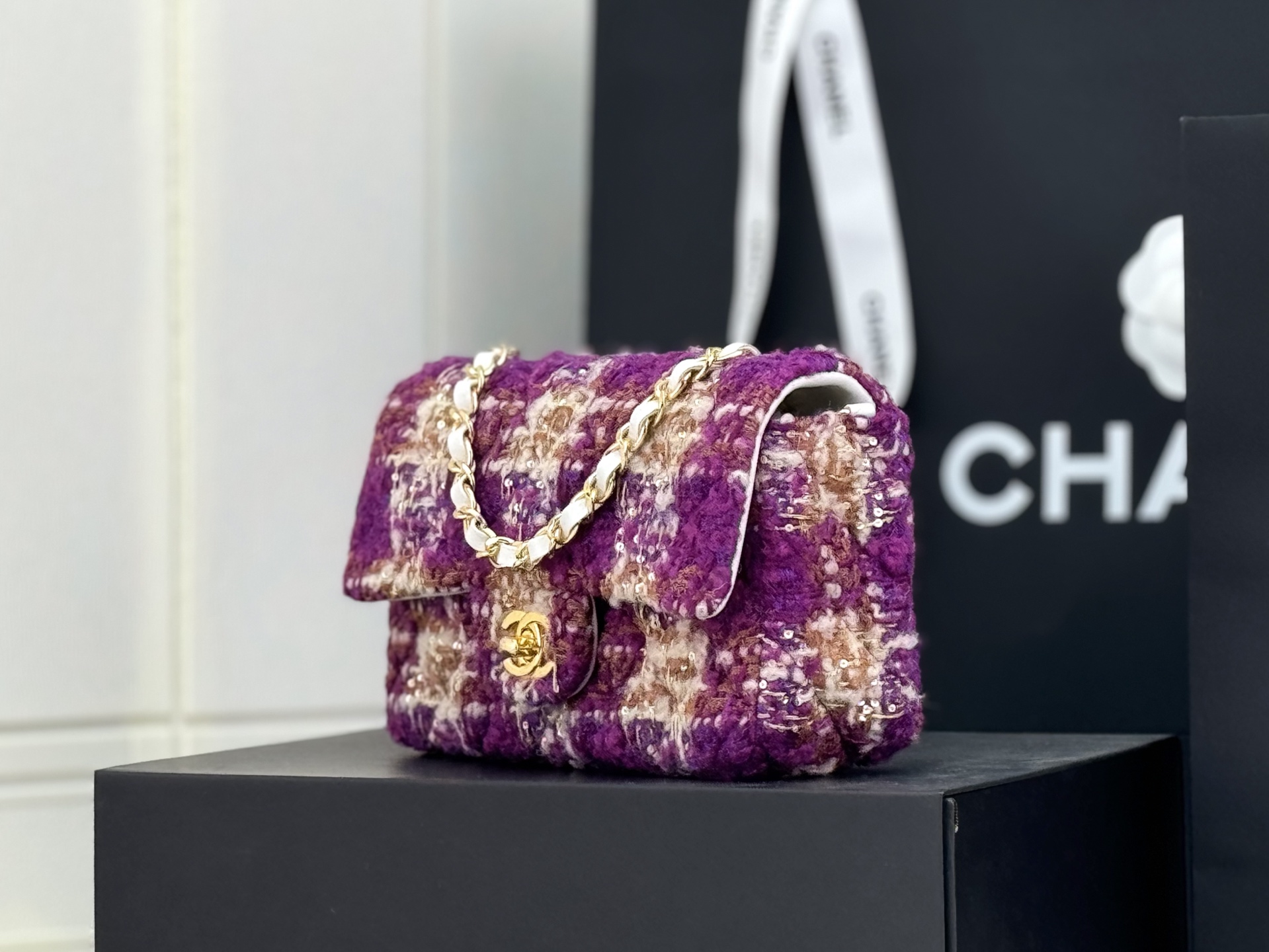 [TOP] CHANEL Wool Tweed Flap Bag 20cm/25cm - Purple