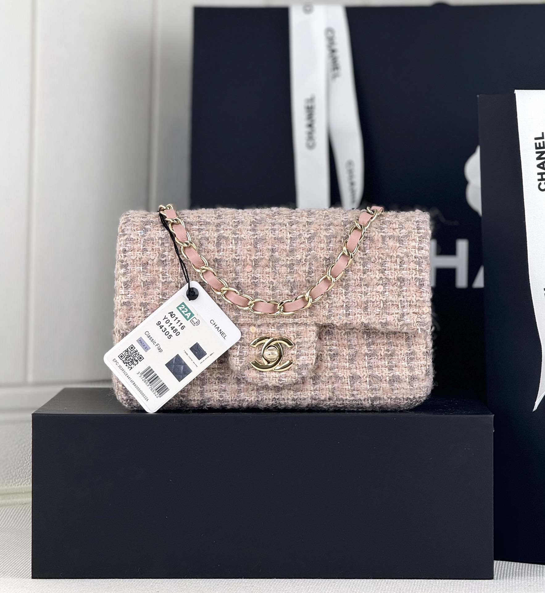 [TOP] CHANEL Wool Tweed Flap Bag 20cm/25cm - Pink and Gray