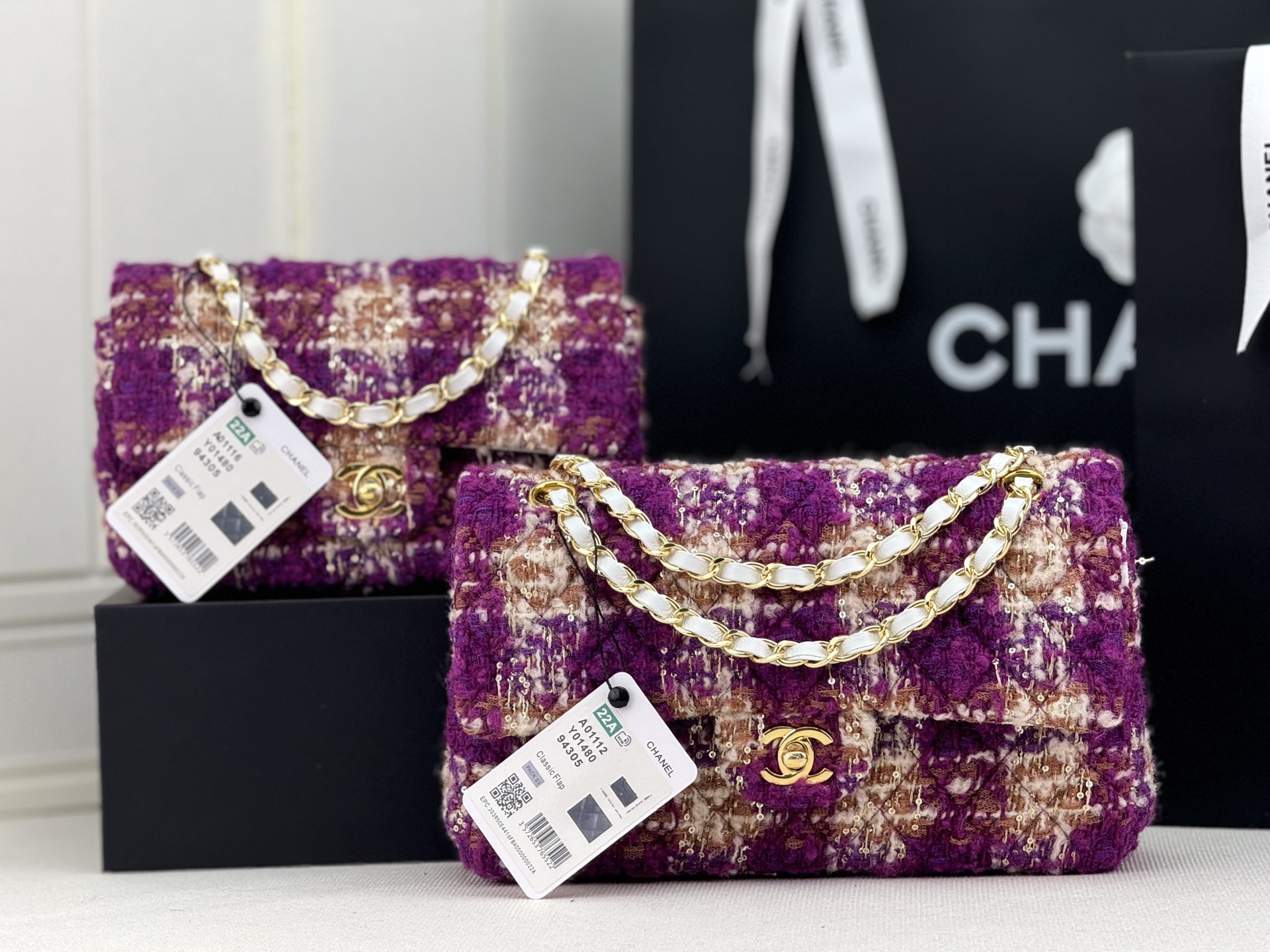 [TOP] CHANEL Wool Tweed Flap Bag 20cm/25cm - Purple