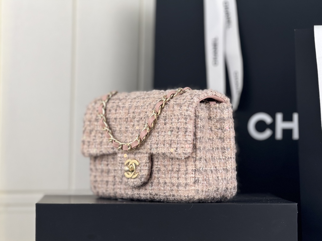 [TOP] CHANEL Wool Tweed Flap Bag 20cm/25cm - Pink and Gray