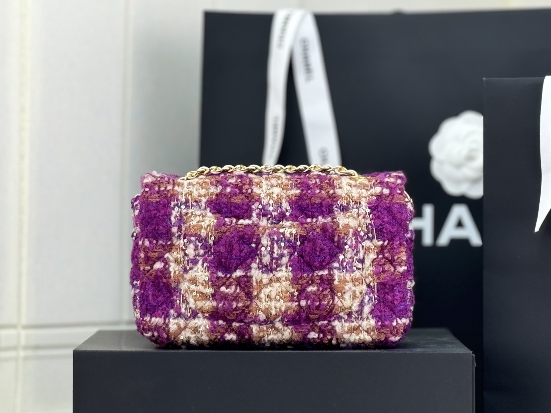 [TOP] CHANEL Wool Tweed Flap Bag 20cm/25cm - Purple