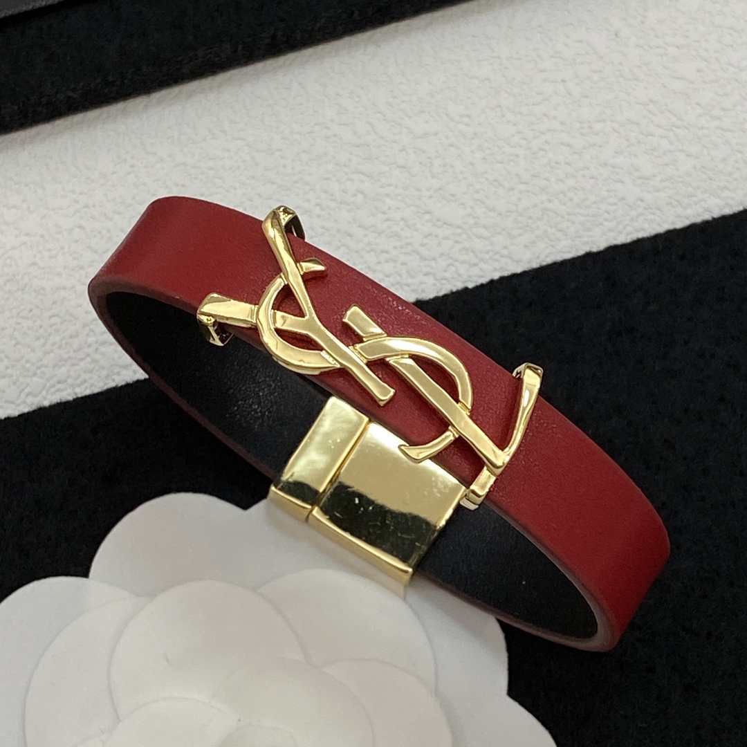 [TOP] Yves Saint Laurent YSL Cassandre Leather Bracelets - Red