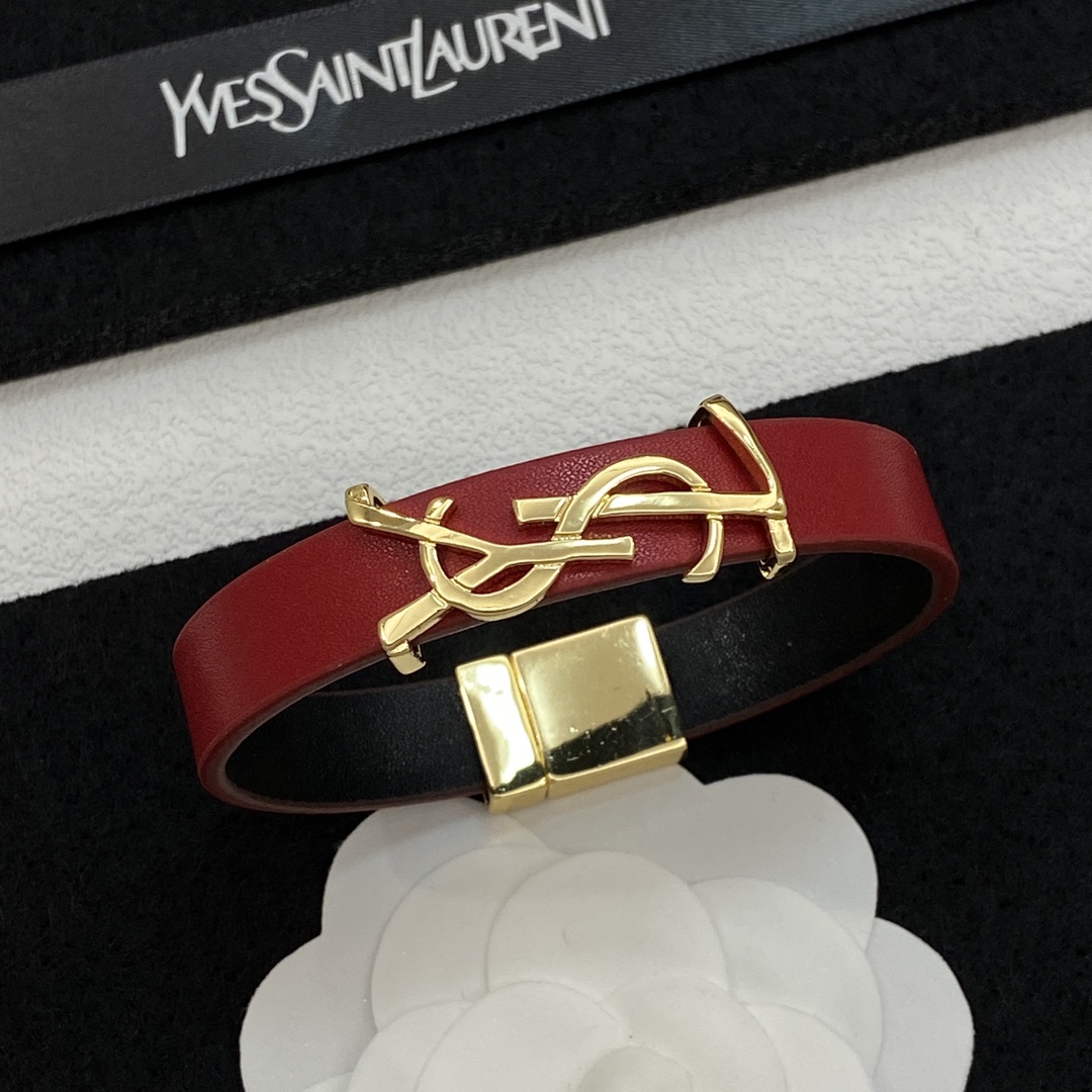 [TOP] Yves Saint Laurent YSL Cassandre Leather Bracelets - Red