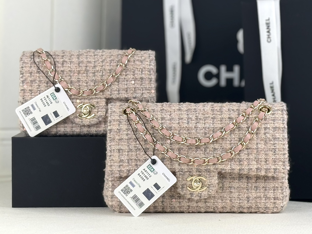 [TOP] CHANEL Wool Tweed Flap Bag 20cm/25cm - Pink and Gray