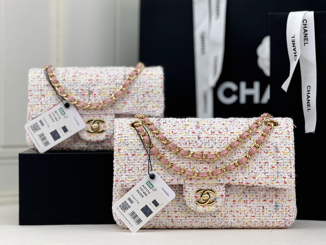 [TOP] CHANEL Wool Tweed Flap Bag 20cm/25cm - Pink and Beige