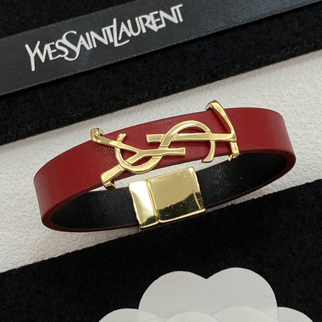 [TOP] Yves Saint Laurent YSL Cassandre Leather Bracelets - Red