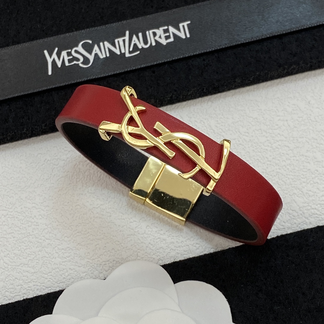 [TOP] Yves Saint Laurent YSL Cassandre Leather Bracelets - Red