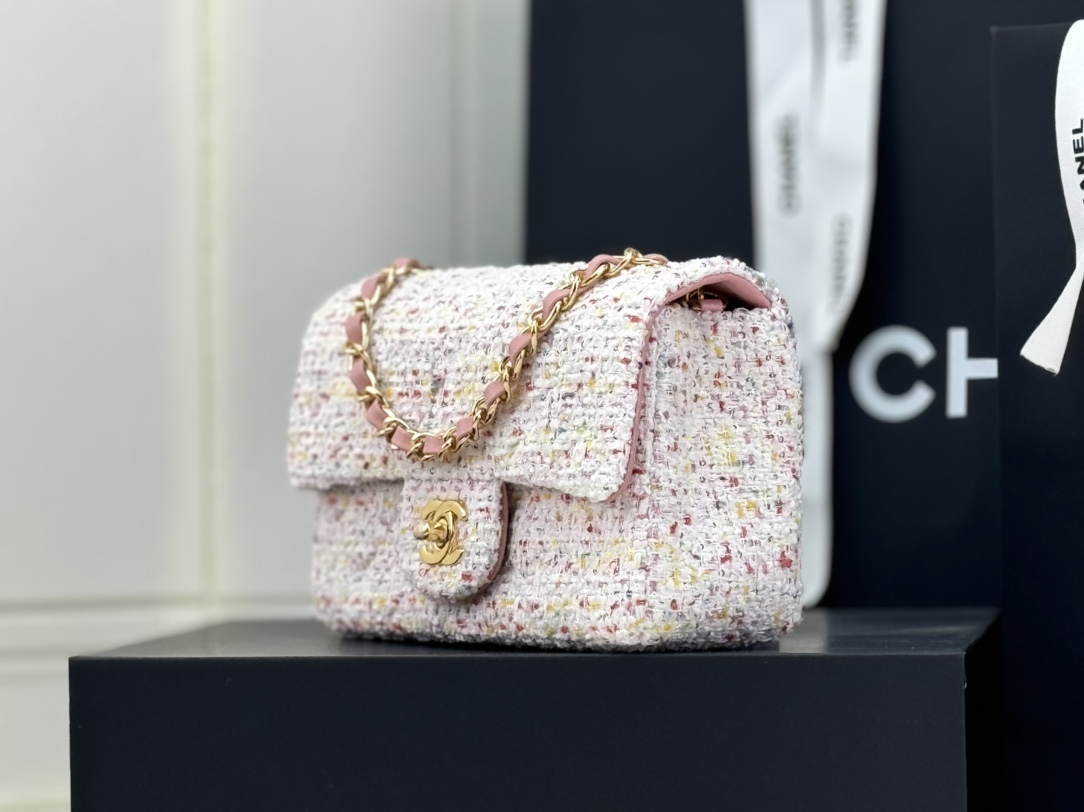 [TOP] CHANEL Wool Tweed Flap Bag 20cm/25cm - Pink and Beige