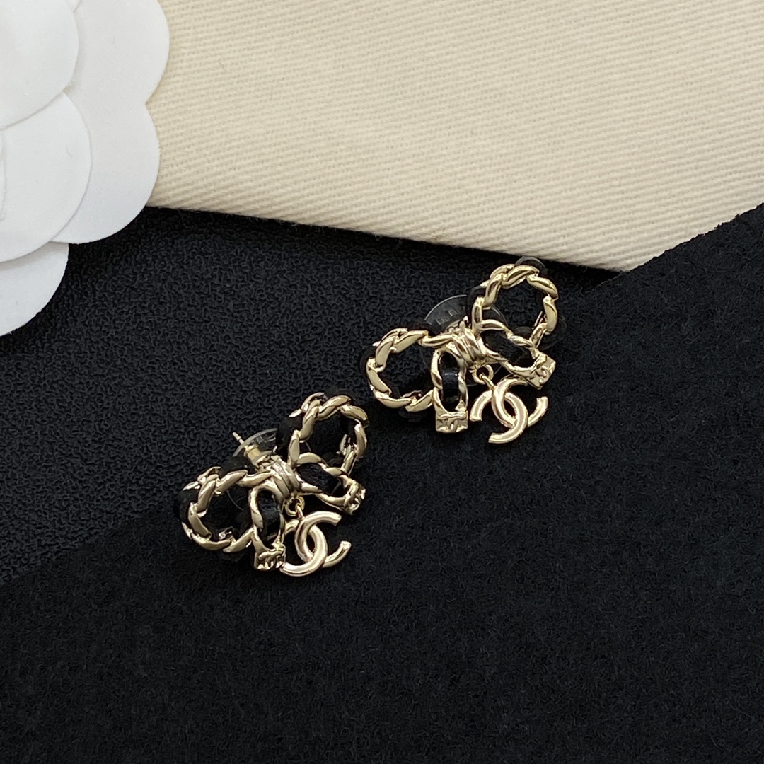 [TOP] CHANEL CC Bow Earrings - Gold and Black