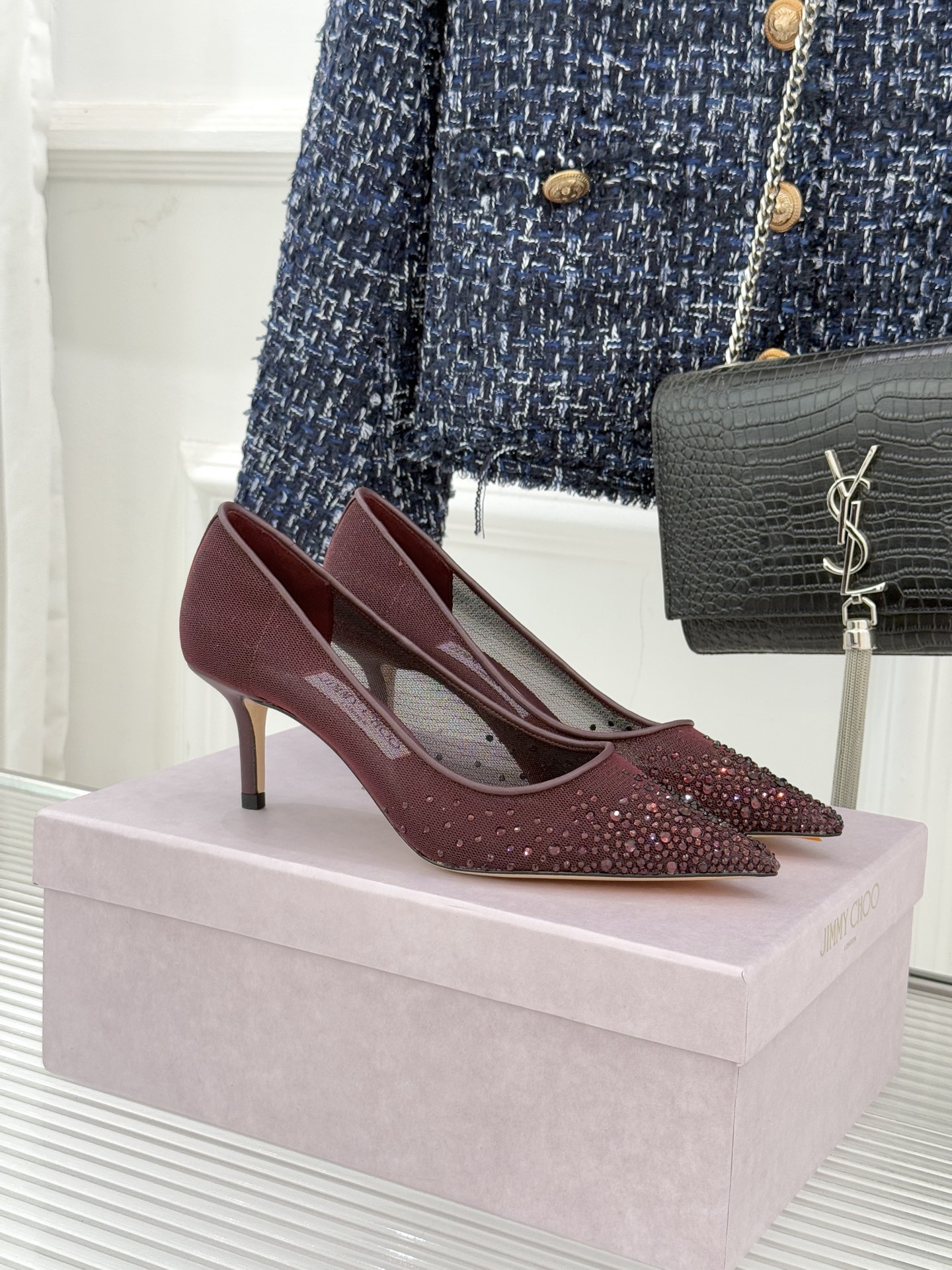 [TOP] Jimmy Choo 6.5cm/8.5cm Heels Pumps Mesh with Crystal - Red