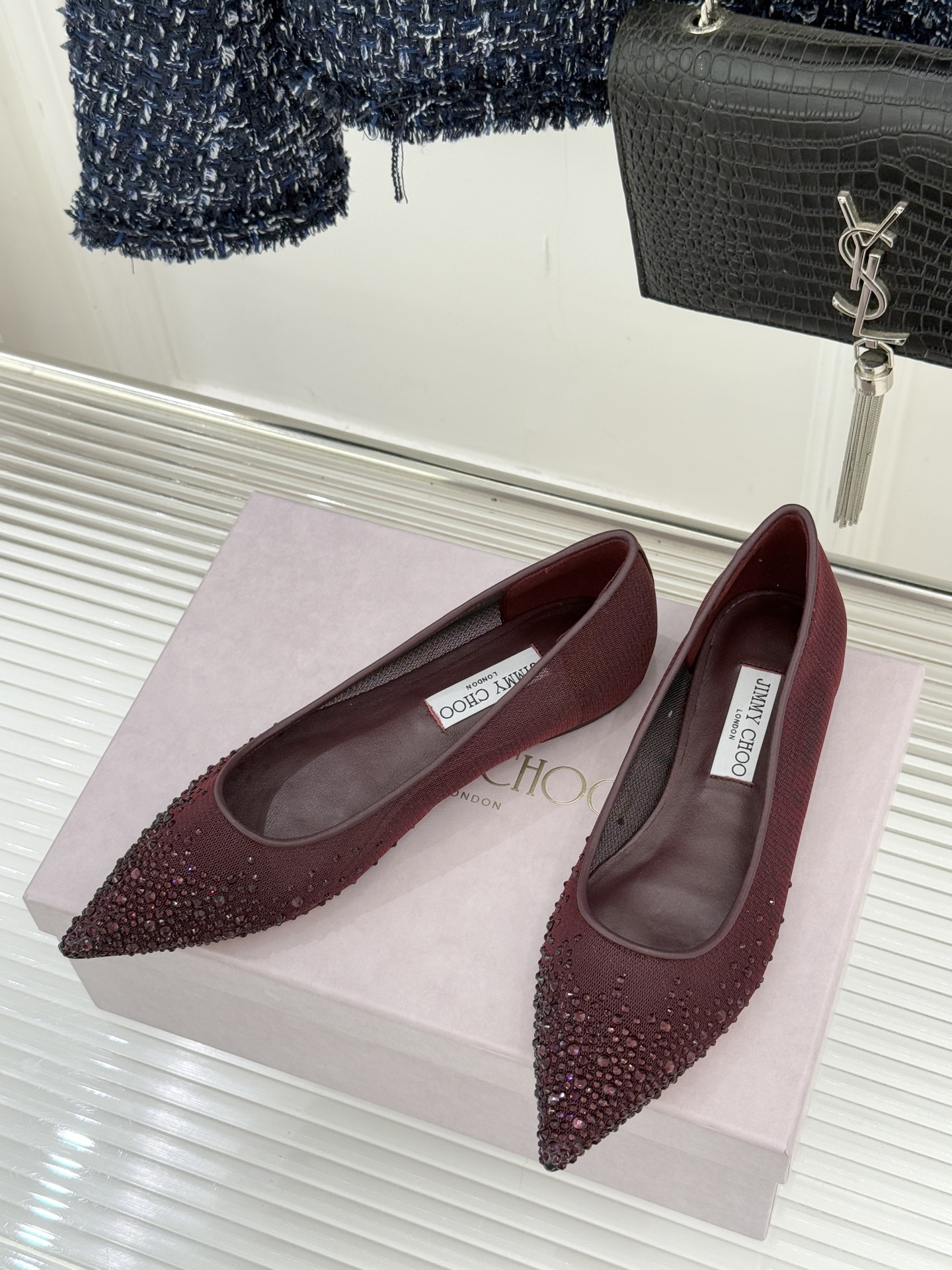 [TOP] Jimmy Choo Flat Shoes Mesh with Crystal - Red