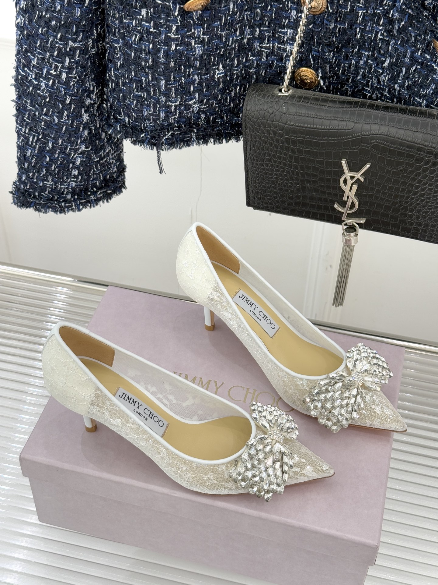 [TOP] Jimmy Choo Mid/High Heels Lace Pumps with Rhinestones - 2 Color