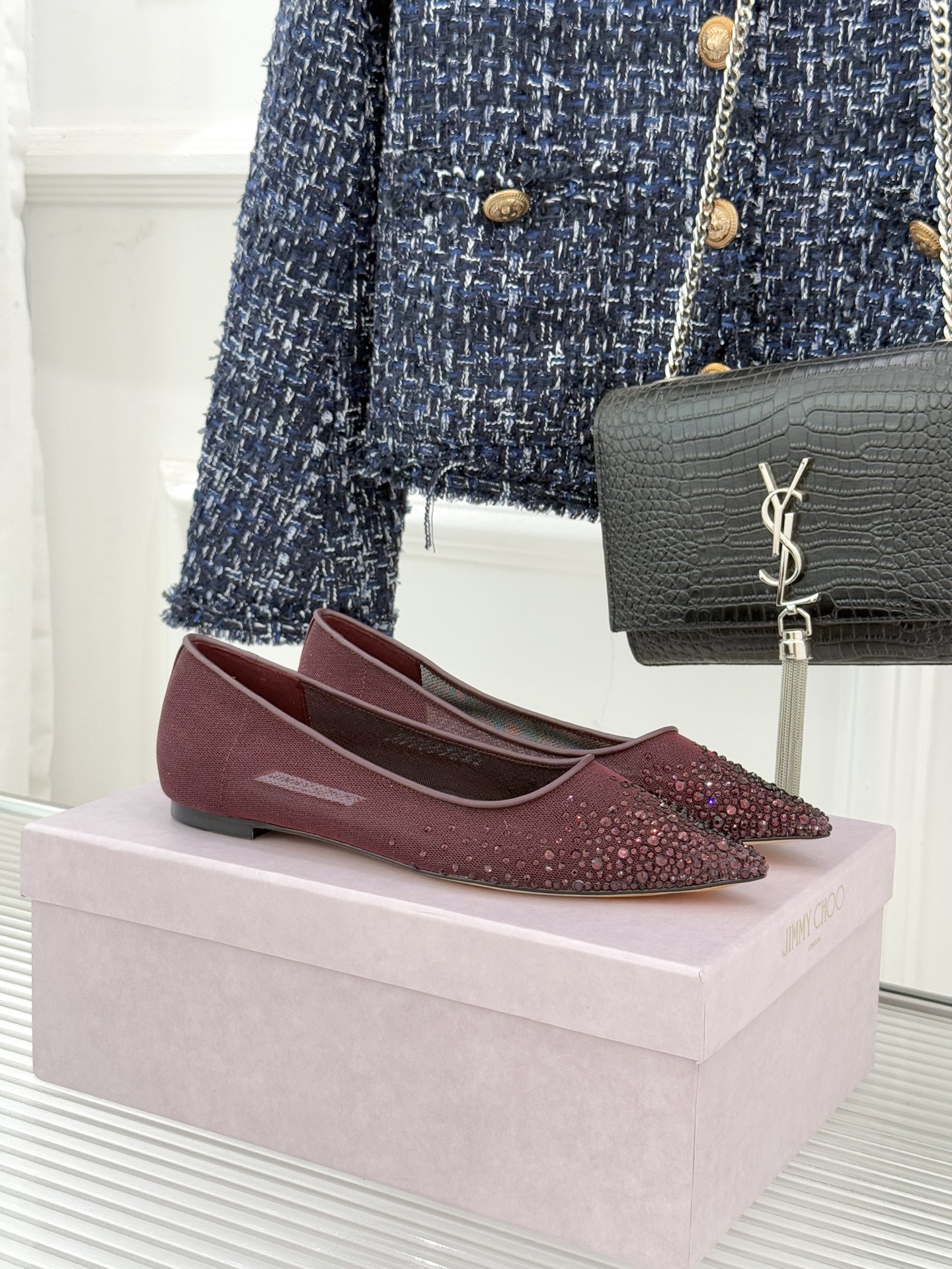 [TOP] Jimmy Choo Flat Shoes Mesh with Crystal - Red