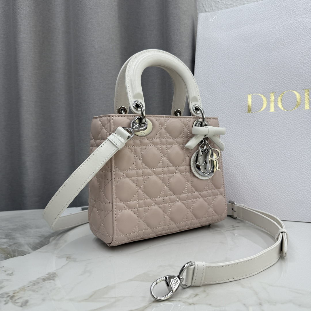 [TOP] Christian Dior Lady Dior Bag with Bow 17x15x7/20x17x8cm - Pink and White - 711 Luxury