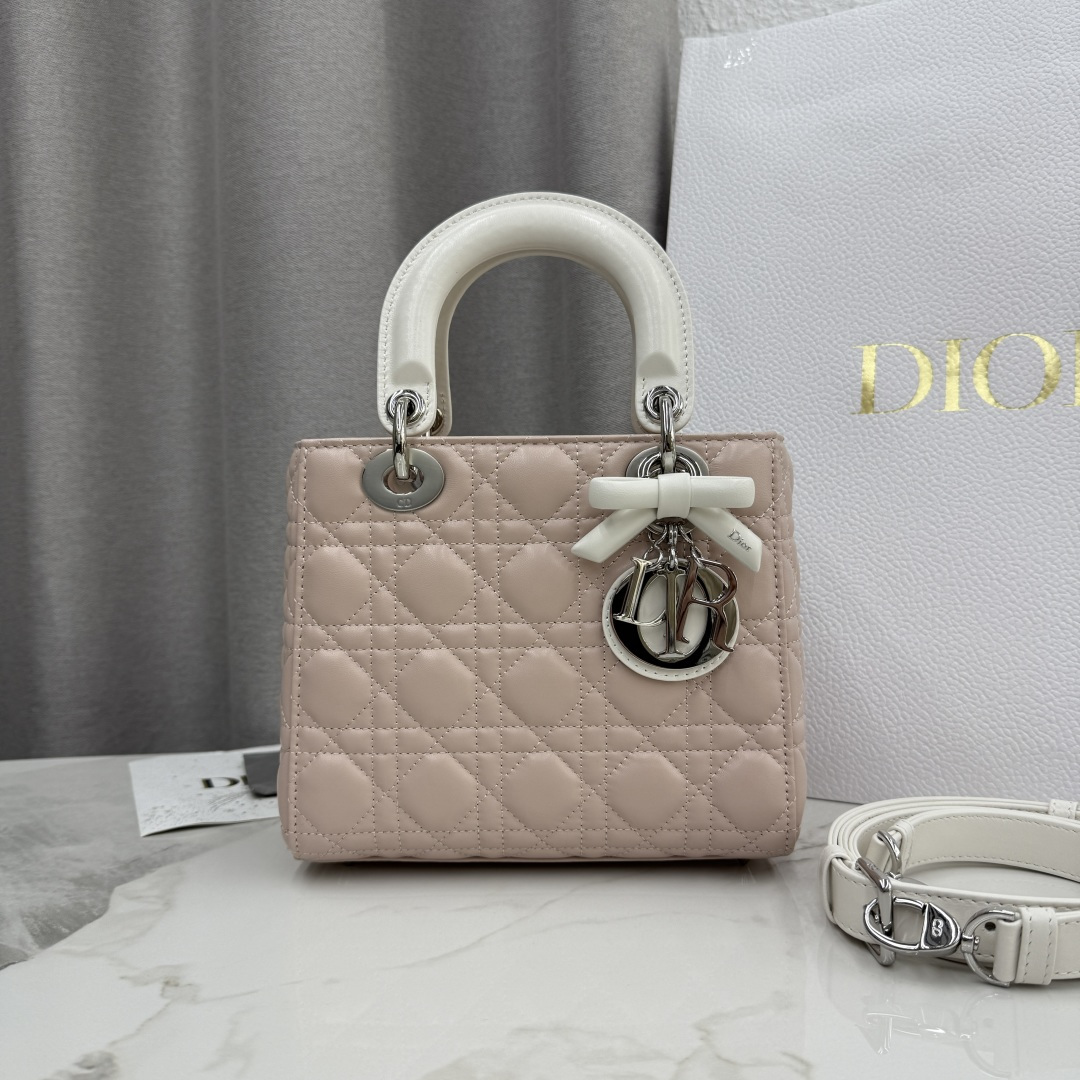 [TOP] Christian Dior Lady Dior Bag with Bow 17x15x7/20x17x8cm - Pink and White - 711 Luxury