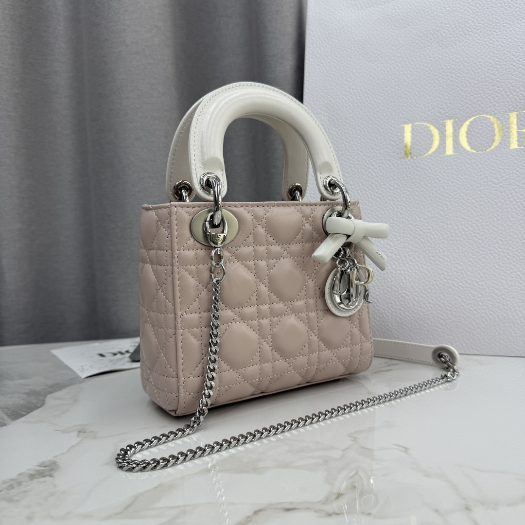 [TOP] Christian Dior Lady Dior Bag with Bow 17x15x7/20x17x8cm - Pink and White