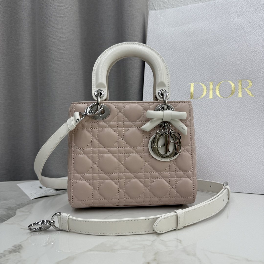 [TOP] Christian Dior Lady Dior Bag with Bow 17x15x7/20x17x8cm - Pink and White - 711 Luxury
