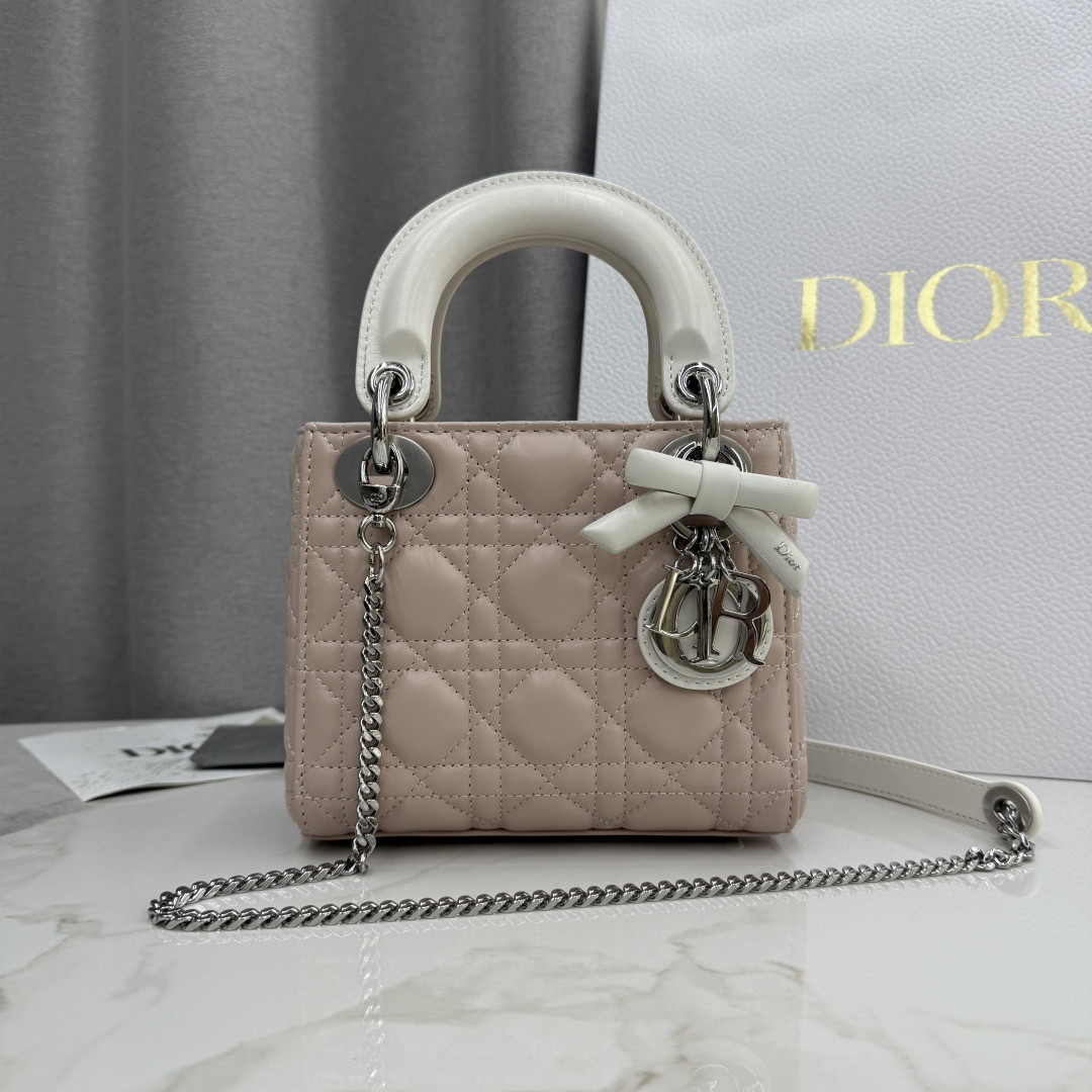 [TOP] Christian Dior Lady Dior Bag with Bow 17x15x7/20x17x8cm - Pink and White