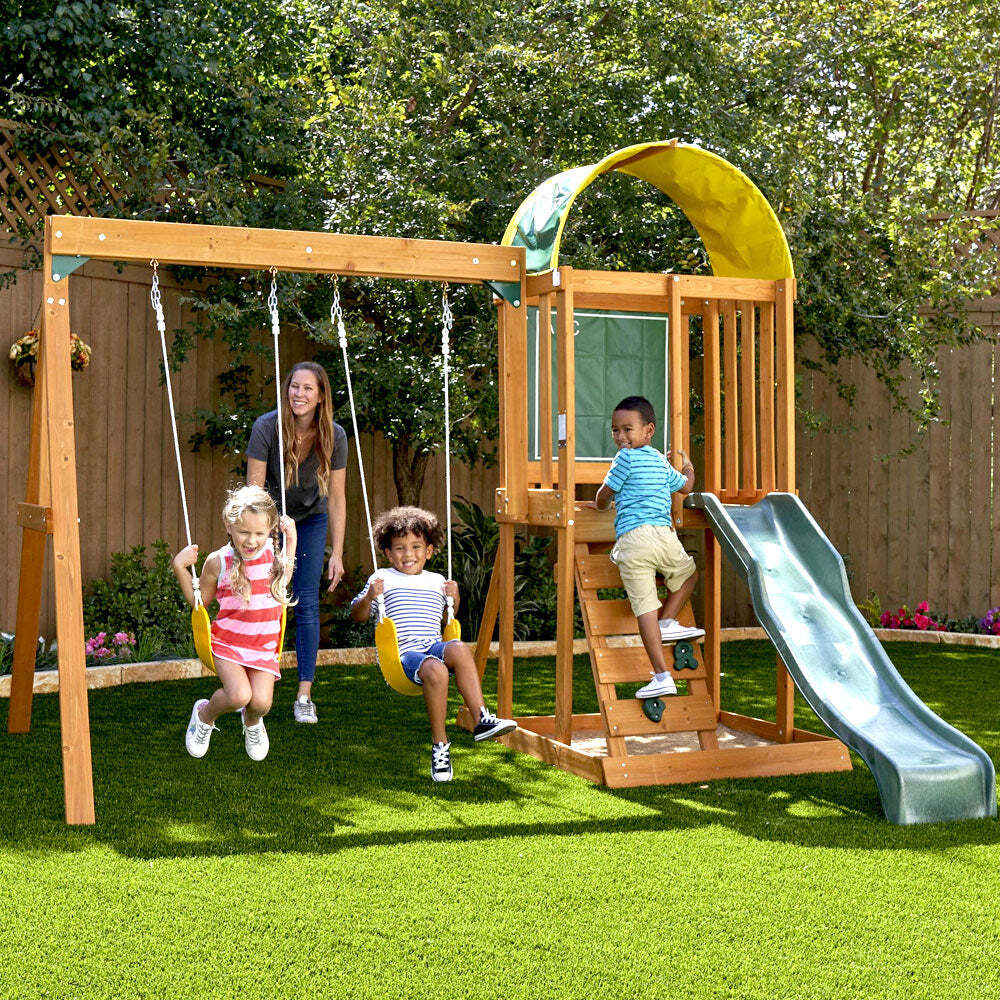 WOODEN SWING SETS OUTDOOR PLAYGROUND PLAY SET WITH SLIDE FOR BACKYARDS