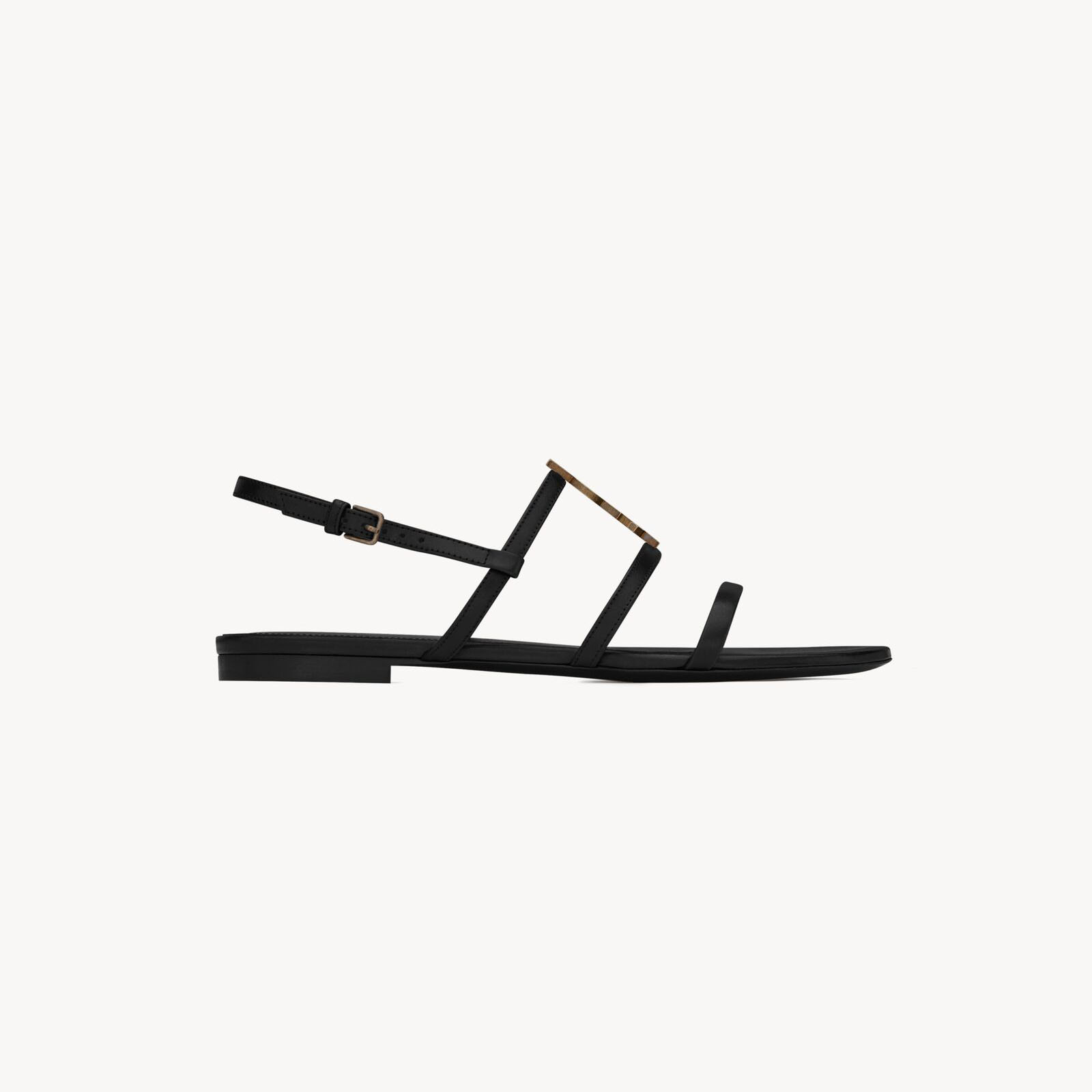 Yves Saint Laurent Gold lettering logo black smooth leather Sandal