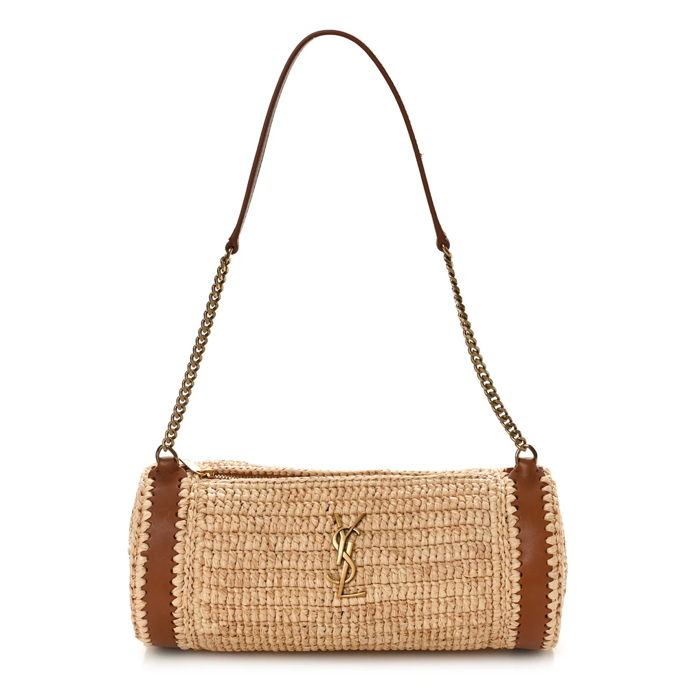 Saint Laurent Small Cylindric Bag Natural and Brick Monogram Raffia Cassandre Aged Gold Hardware