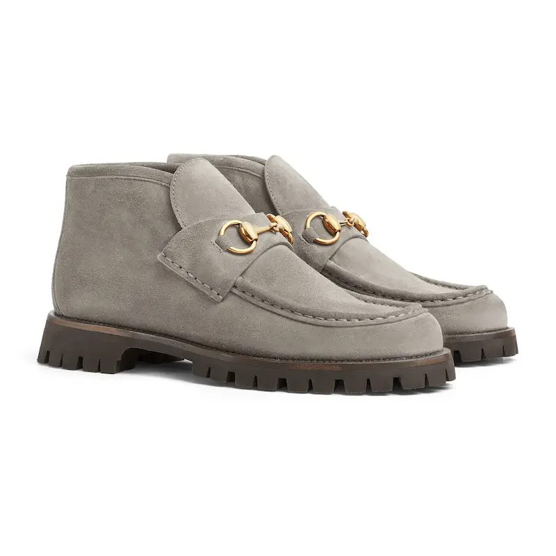 Gucci Round headed grey suede horse collar buckle ankle boots