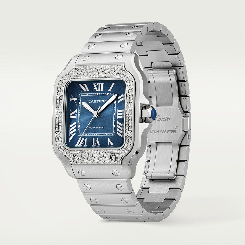 Santos de Cartier watch Medium model steel diamonds blue dial CRW4SA0006