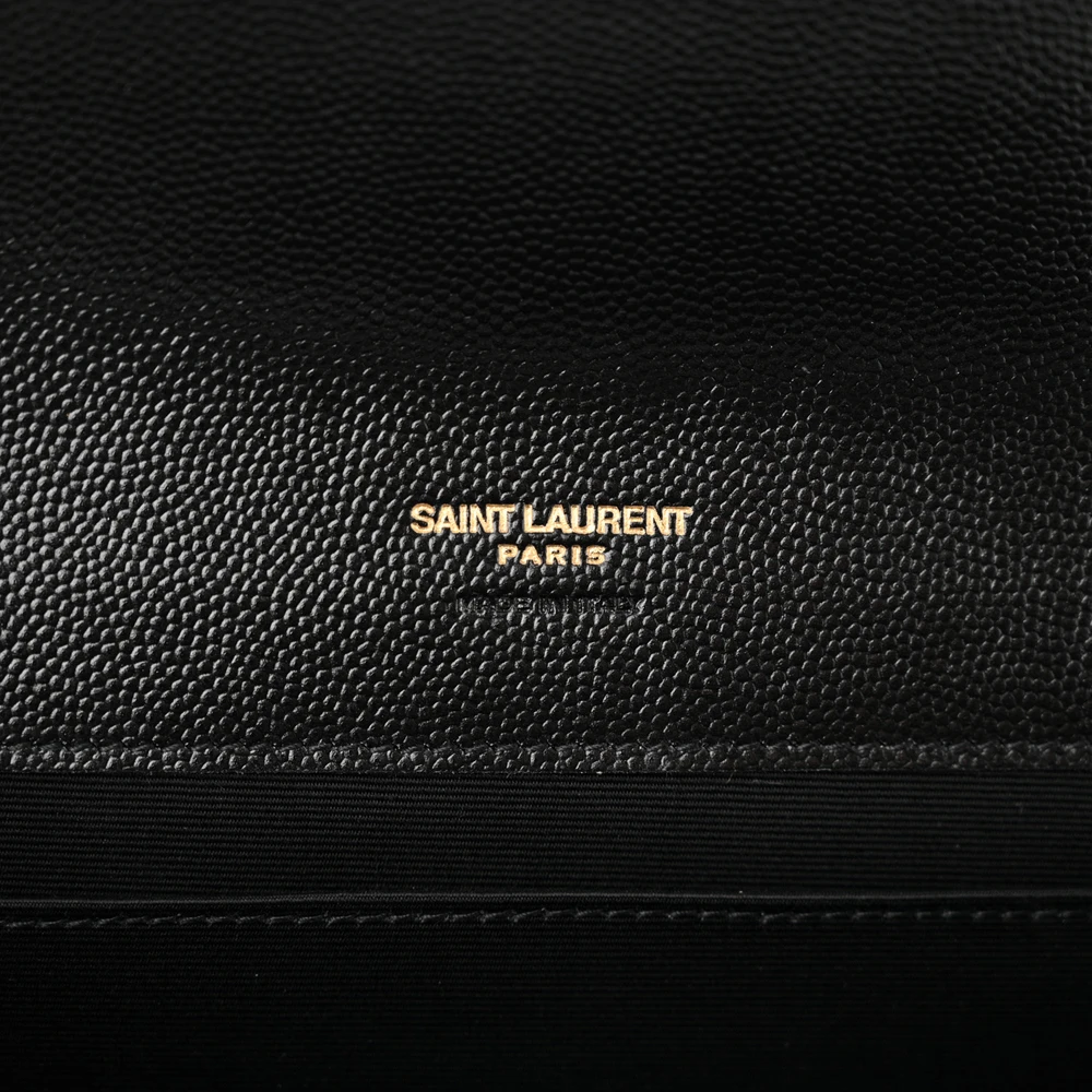 Saint Laurent Medium Envelope Clutch Black Chevron Monogram Grain De Poudre Matelasse Leather Gold Hardware