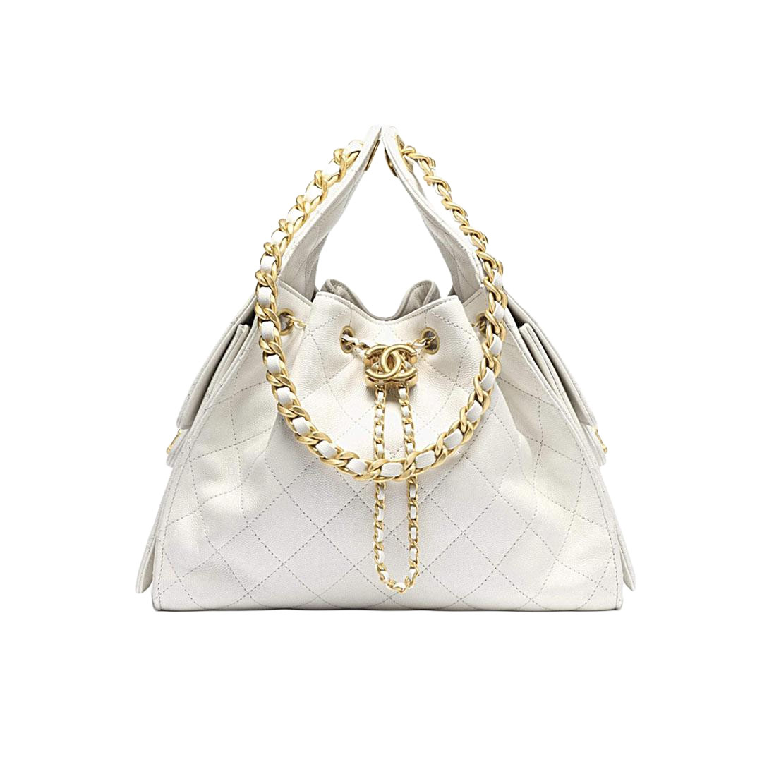 Chanel White Quilted Shiny Calfskin Leather Shoulder Bags