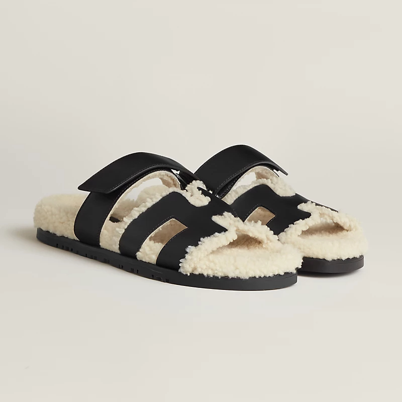 HERMES Chypre Black Wool of lamb Slippers
