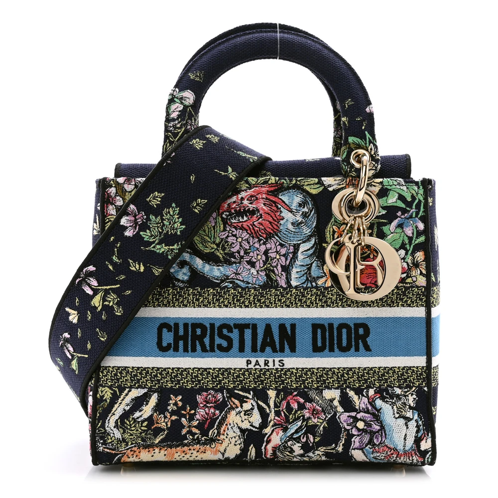 Dior Medium D-Constellation Lady D-Lite Blue Multicolor Embroidered Canvas Gold Hardware $410