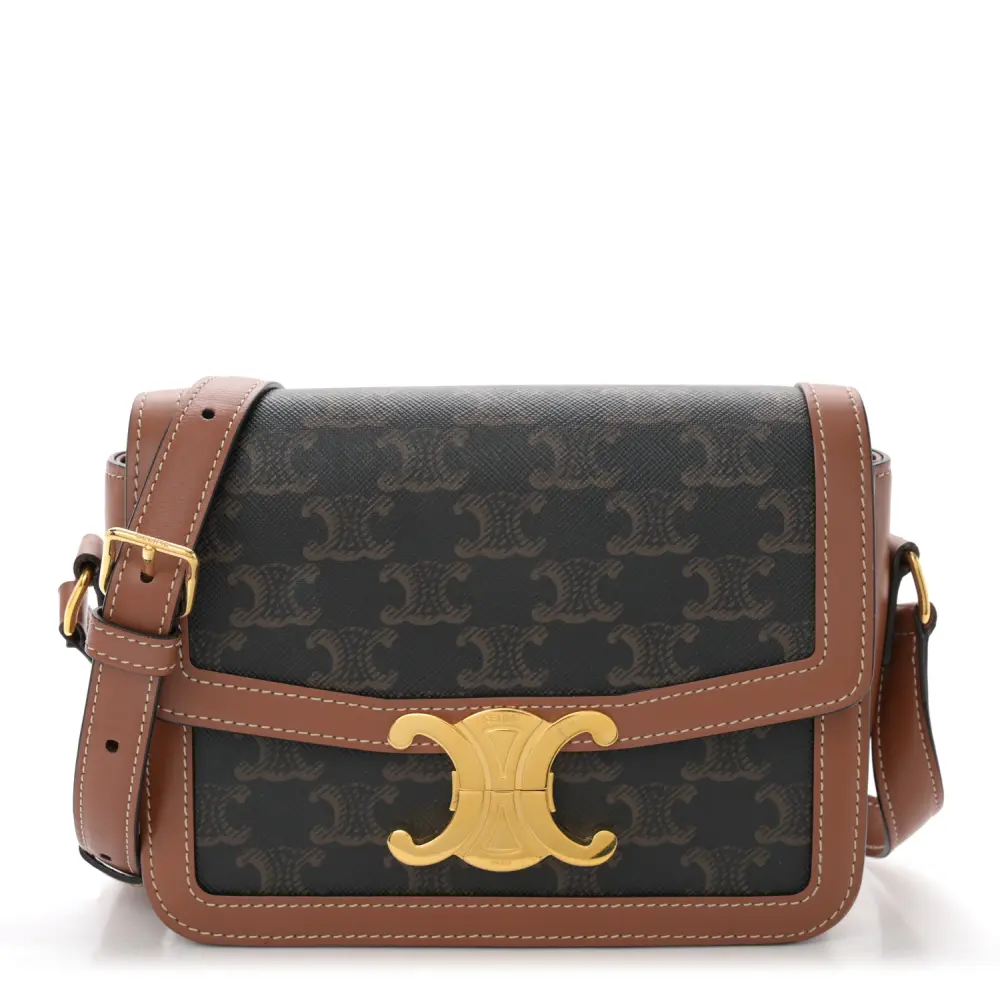 Celine Teen Triomphe Bag Medium Tan Calfskin Leather & Triomphe Canvas Gold Hardware