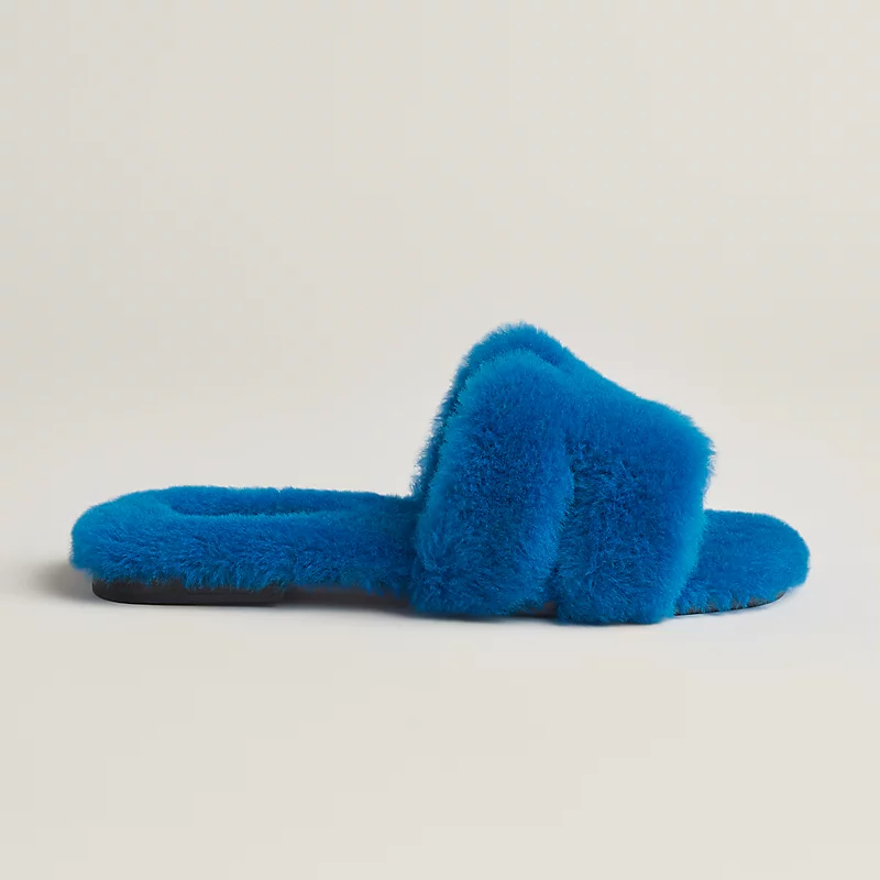 HERMES Oran plush Blue Slippers