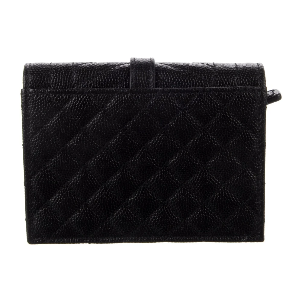 Saint Laurent Small Triquilt Cassandre Envelope Compact Wallet Black Matelassé Calfskin Leather Gold Hardware