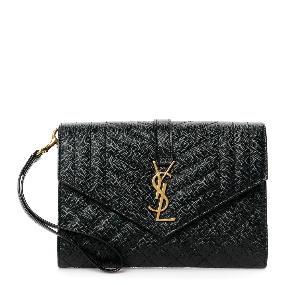 Saint Laurent Medium Clutch Black Triquilt Monogram Grain De Poudre Textured Mixed Matelasse Leather Gold Hardware