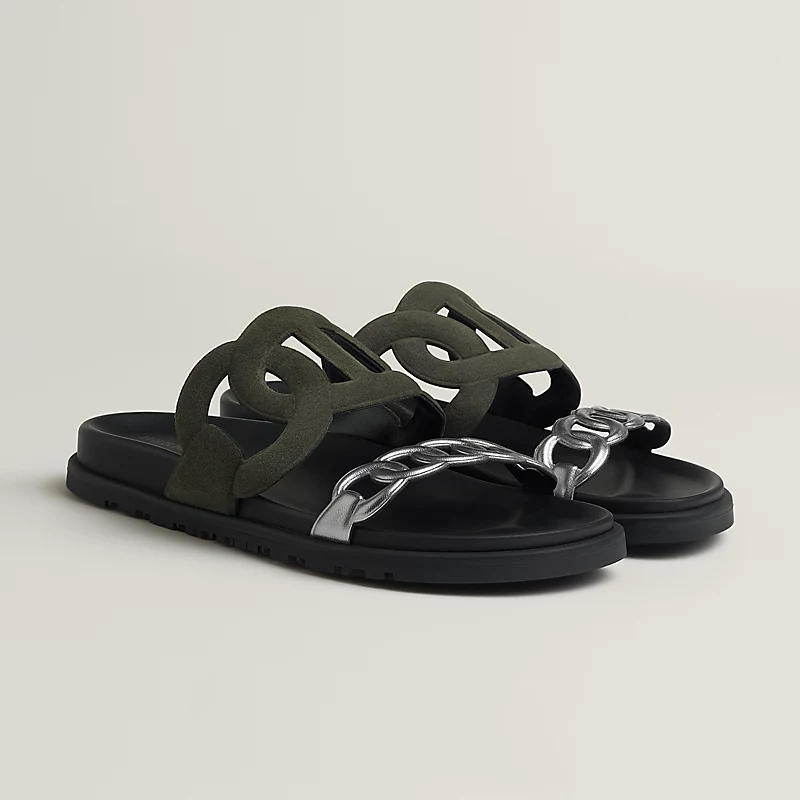 HERMES Extra Green and Silver color Slippers