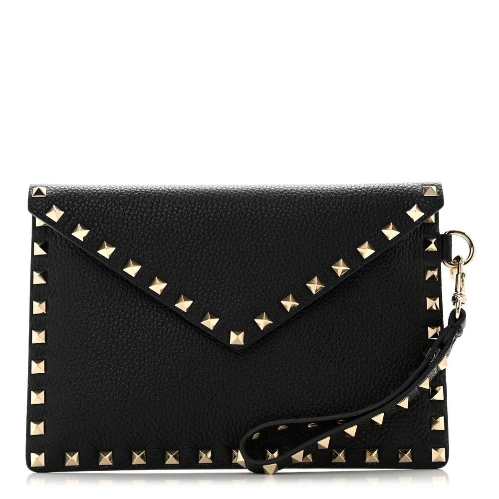 Valentino Garavani Medium Rockstud Envelope Flat Wristlet Pouch Black Pebbled Calfskin Leather Light Gold Hardware